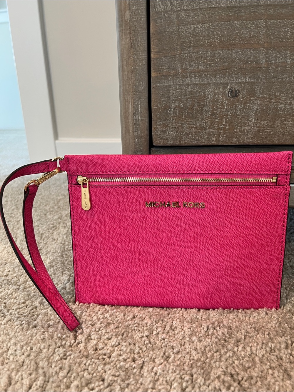 Michael Kors Fuchsia Saffiano Wristlet Clutch with Gold Hardware
